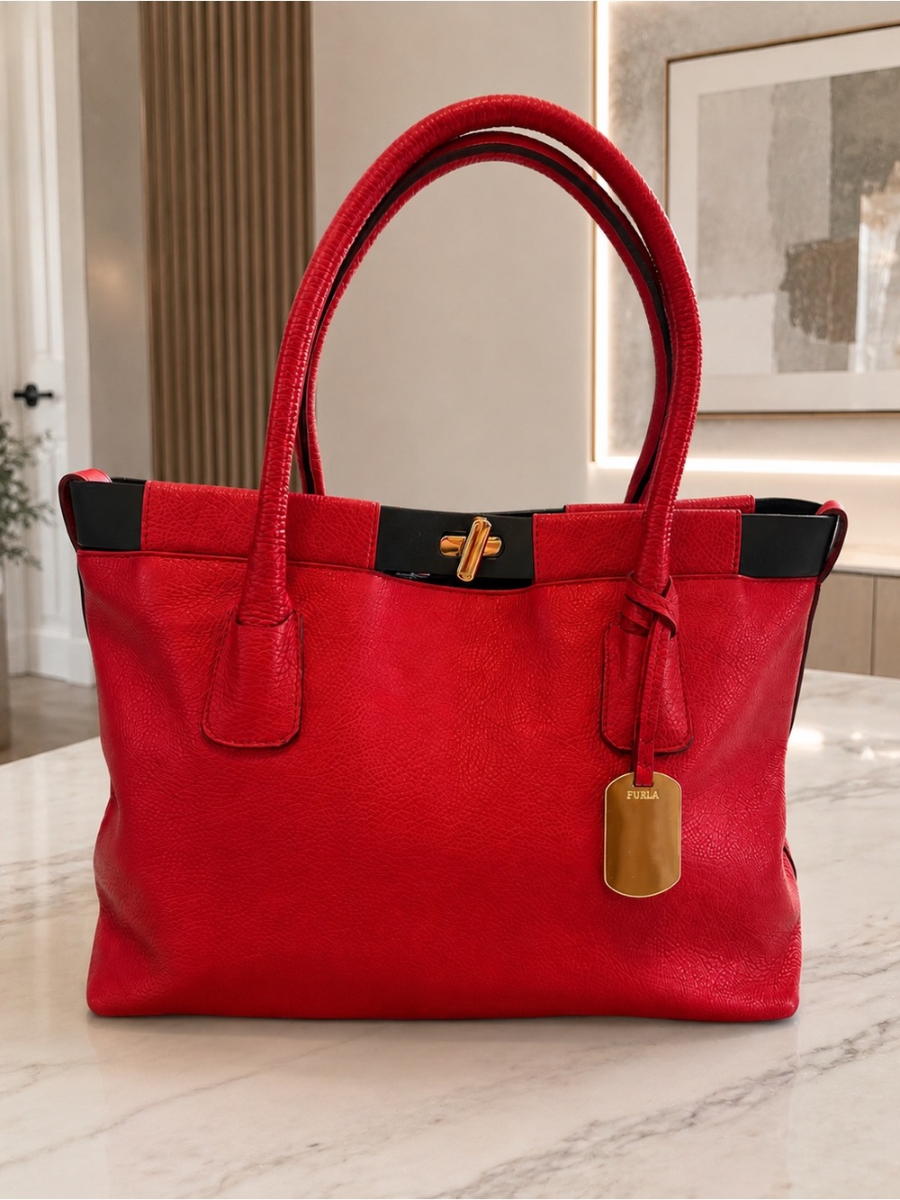 Furla Red Leather Tote with Gold Accent